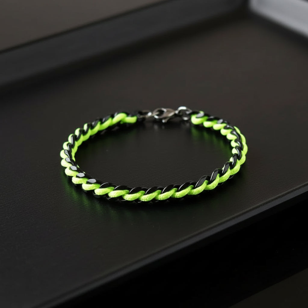 PULSERA CADENA DE ACERO NEGRO CORDON NEON