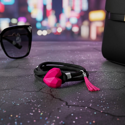 PULSERA CORAZON CONCRETO ROSA CORDON NEGRO