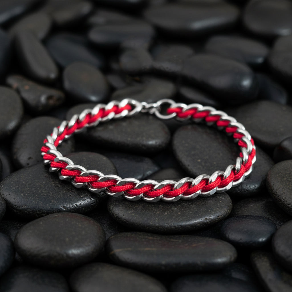 PULSERA CADENA DE ACERO CORDON ROJO