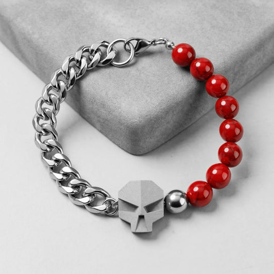 SKULL STONE, PULSERA CALAVERA CON CADENA ACERO Y CALCITA ROJA