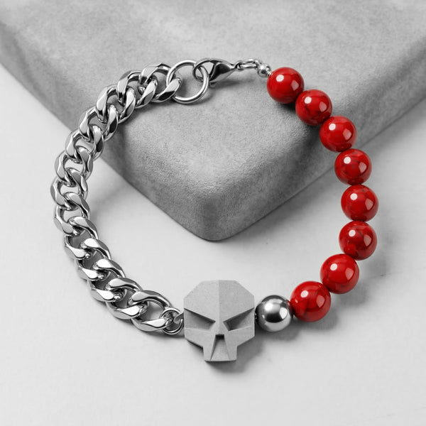 SKULL STONE, PULSERA CALAVERA CON CADENA ACERO Y CALCITA ROJA