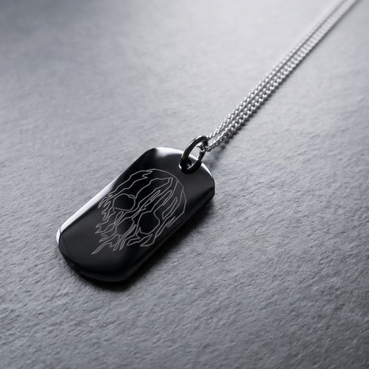 SKULL TAG. COLLAR CON PLACA NEGRA DE ACERO GRABADA CON CALAVERA ABSTRACTA