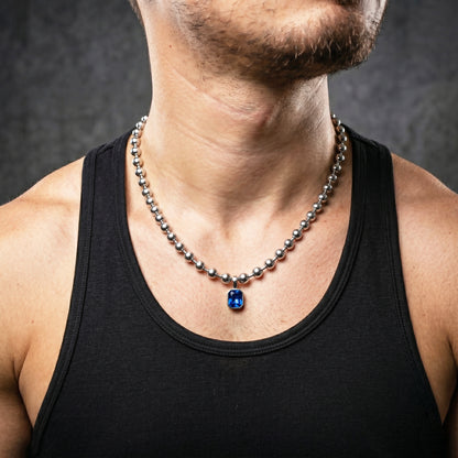 SQUARE DARK BLUE CRYSTAL. COLLAR DE BOLAS DE ACERO INOXIDABLE