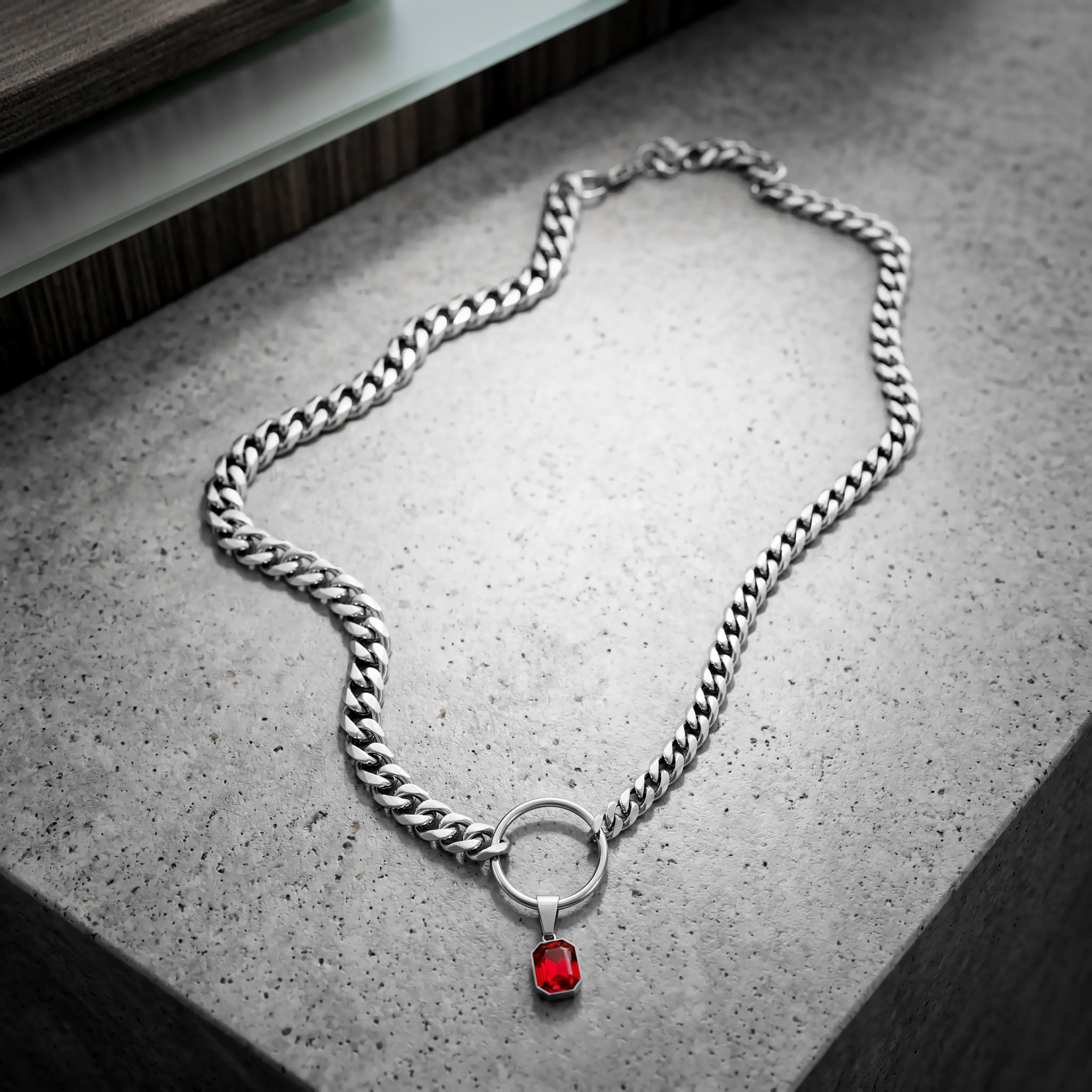 SQUARE RED CRYSTAL STEEL CHAIN