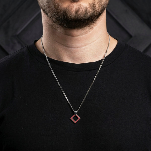 STEEL SQUARE RED, COLLAR ACERO DIJE CUADRADO CRISTALES