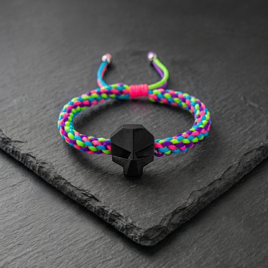 DARK SKULL.  PULSERA CALAVERA NEGRA CORDON TRENZADO MULTICOLOR