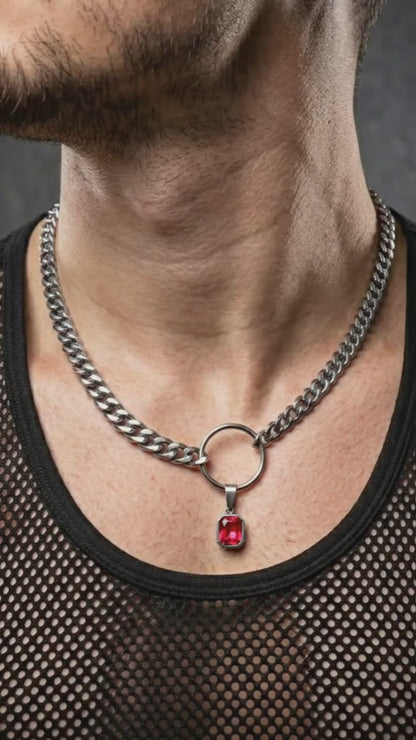 SQUARE RED CRYSTAL STEEL CHAIN