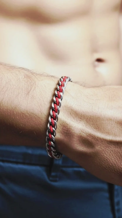 PULSERA CADENA DE ACERO CORDON ROJO