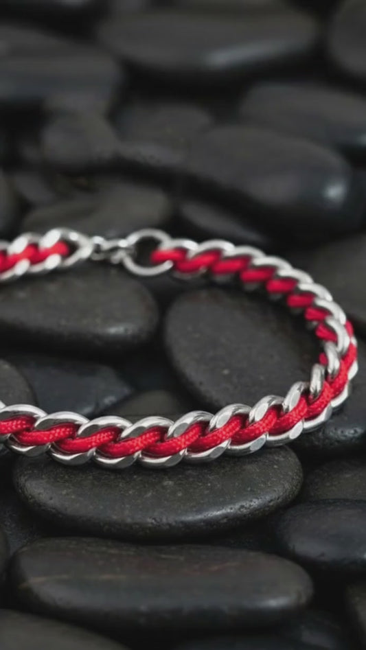 PULSERA CADENA DE ACERO CORDON ROJO