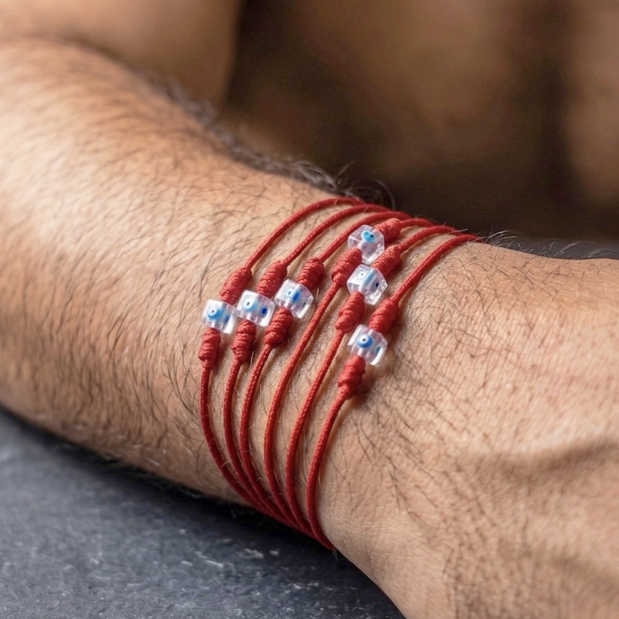 LUCKY CHARM. SET 6 PULSERAS CON OJOS CUADRADOS Y CORDONES ROJOS