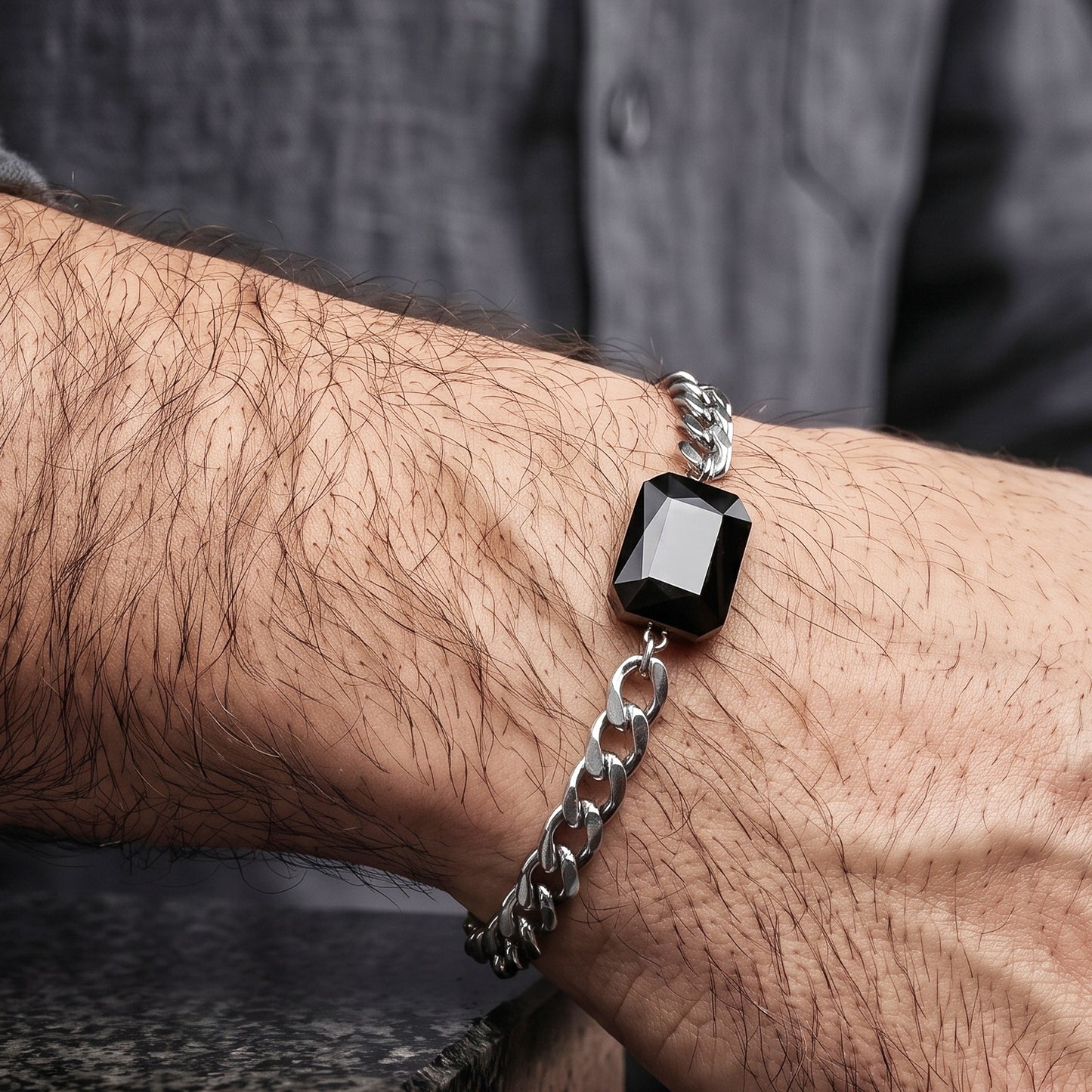 CRYSTAL. PULSERA DE CRISTAL NEGRO. CADENA ACERO